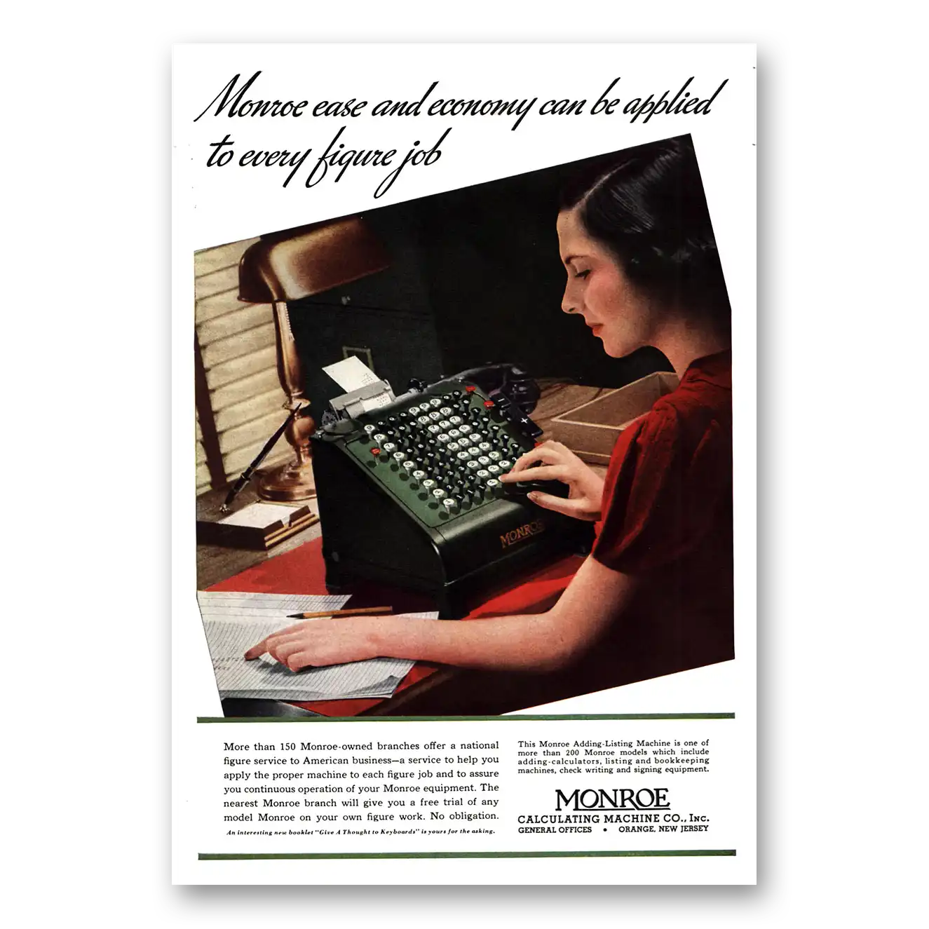 1937 Monroe Calculating Machines Every Figure Job Vintage Magazine Print Ad