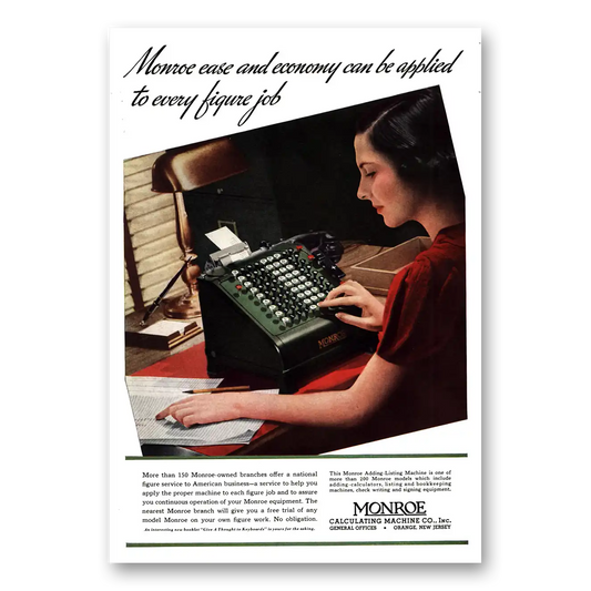 1937 Monroe Calculating Machines Every Figure Job Vintage Magazine Print Ad