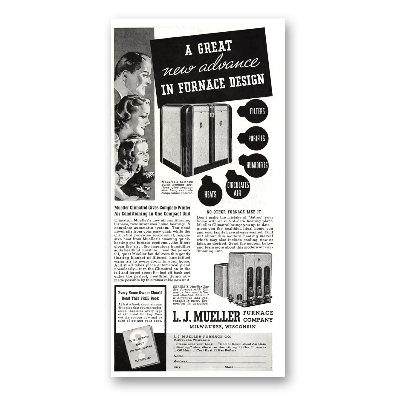 1937 L J Mueller Furnace New Advance In Furnace Design Vintage Magazine Print Ad