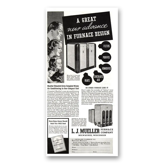 1937 L J Mueller Furnace New Advance In Furnace Design Vintage Magazine Print Ad