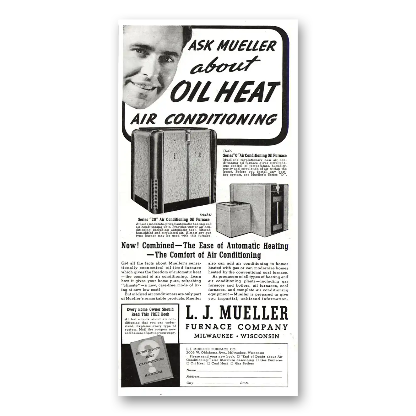 1937 L J Mueller Furnace Oil Heat Air Conditioning Vintage Magazine Print Ad