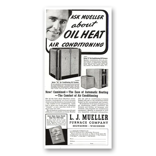 1937 L J Mueller Furnace Oil Heat Air Conditioning Vintage Magazine Print Ad