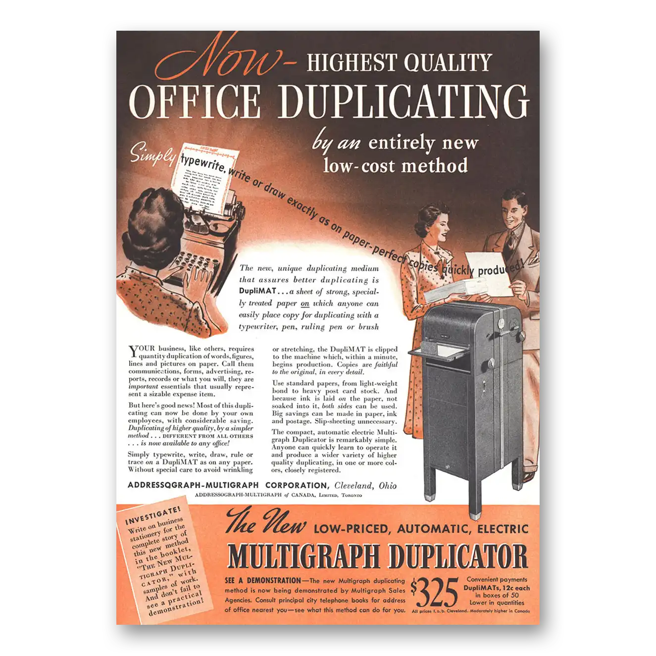 1937 Multigraph Duplicator Office Duplicating Vintage Magazine Print Ad