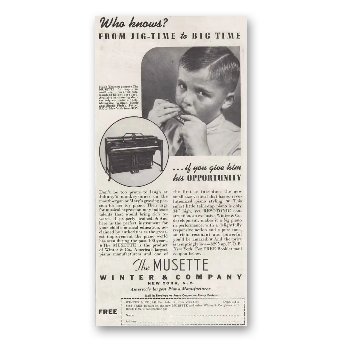 1937 Musette Piano Jig Time to Big Time Vintage Magazine Print Ad