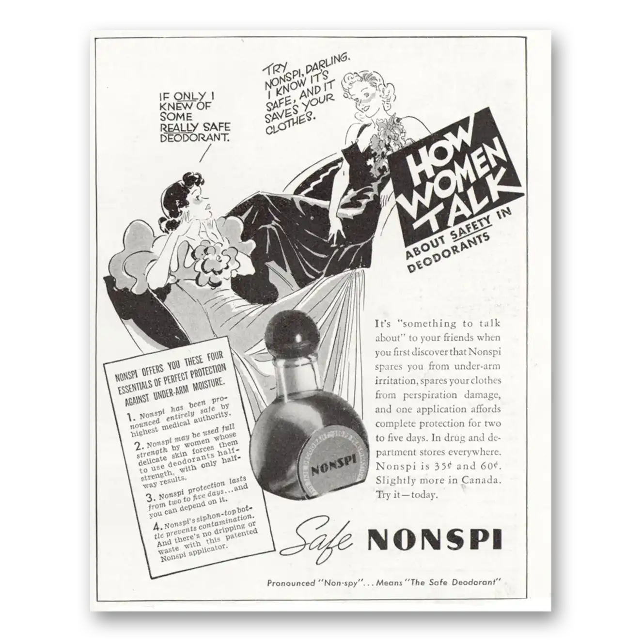 1937 Nonspi Deoderant How Women Talk Vintage Magazine Print Ad