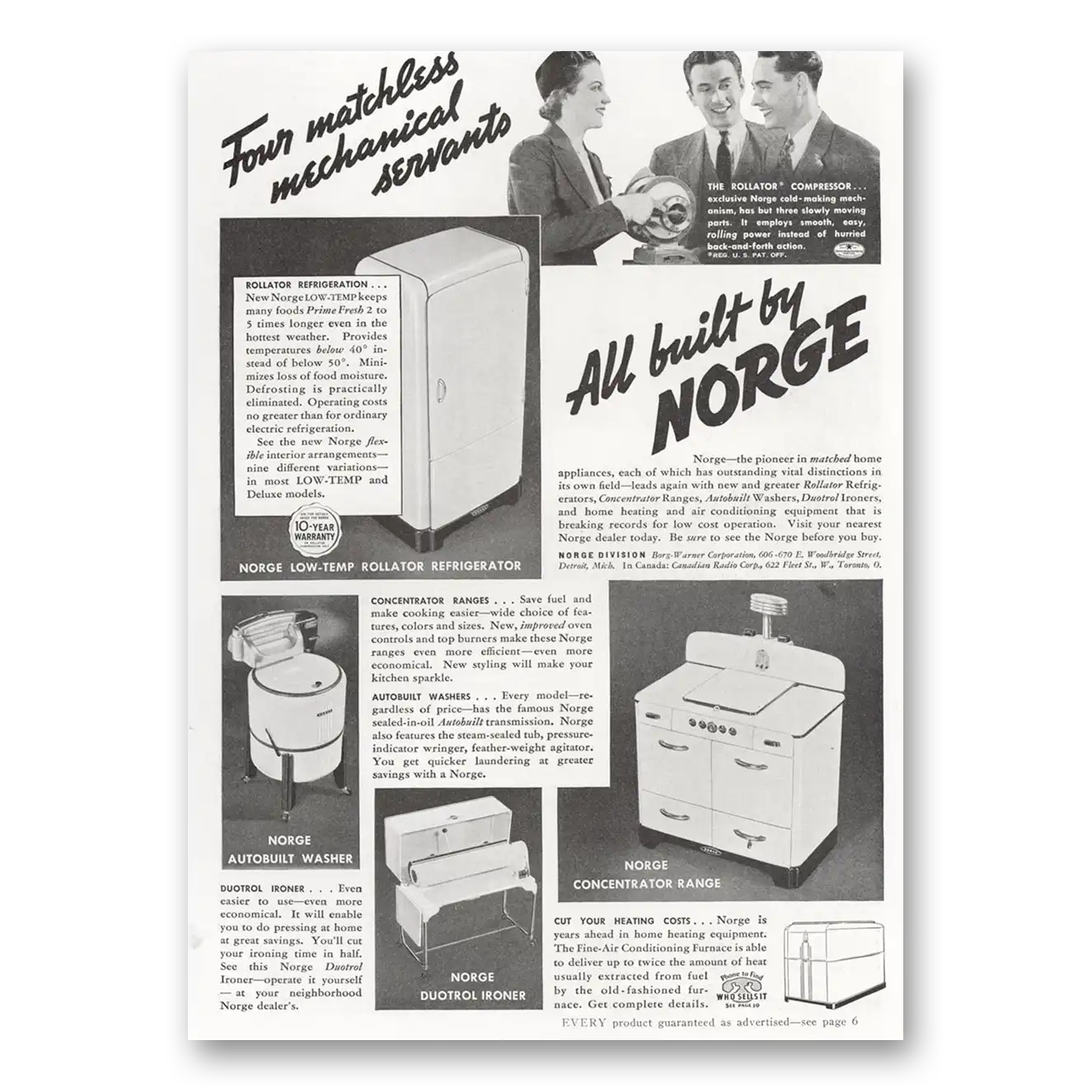 1937 Norge Appliances Four Matchless Mechanical Servants Vintage Magazine Print Ad