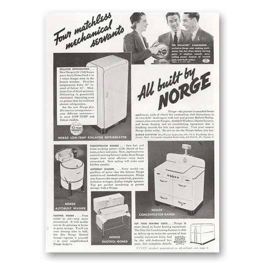 1937 Norge Appliances Four Matchless Mechanical Servants Vintage Magazine Print Ad