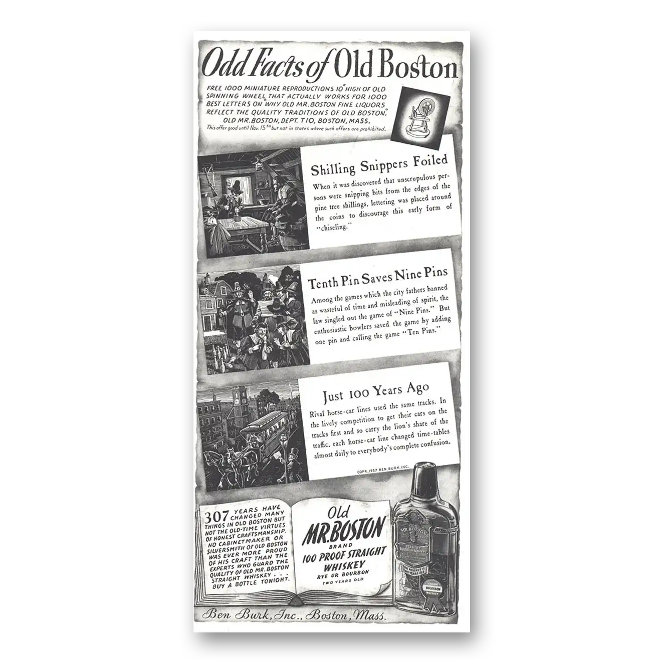 1937 Old Mr Boston Straight Whiskey Odd Facts Shilling Snippers Foiled Vintage Magazine Print Ad