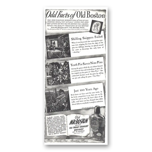 1937 Old Mr Boston Straight Whiskey Odd Facts Shilling Snippers Foiled Vintage Magazine Print Ad