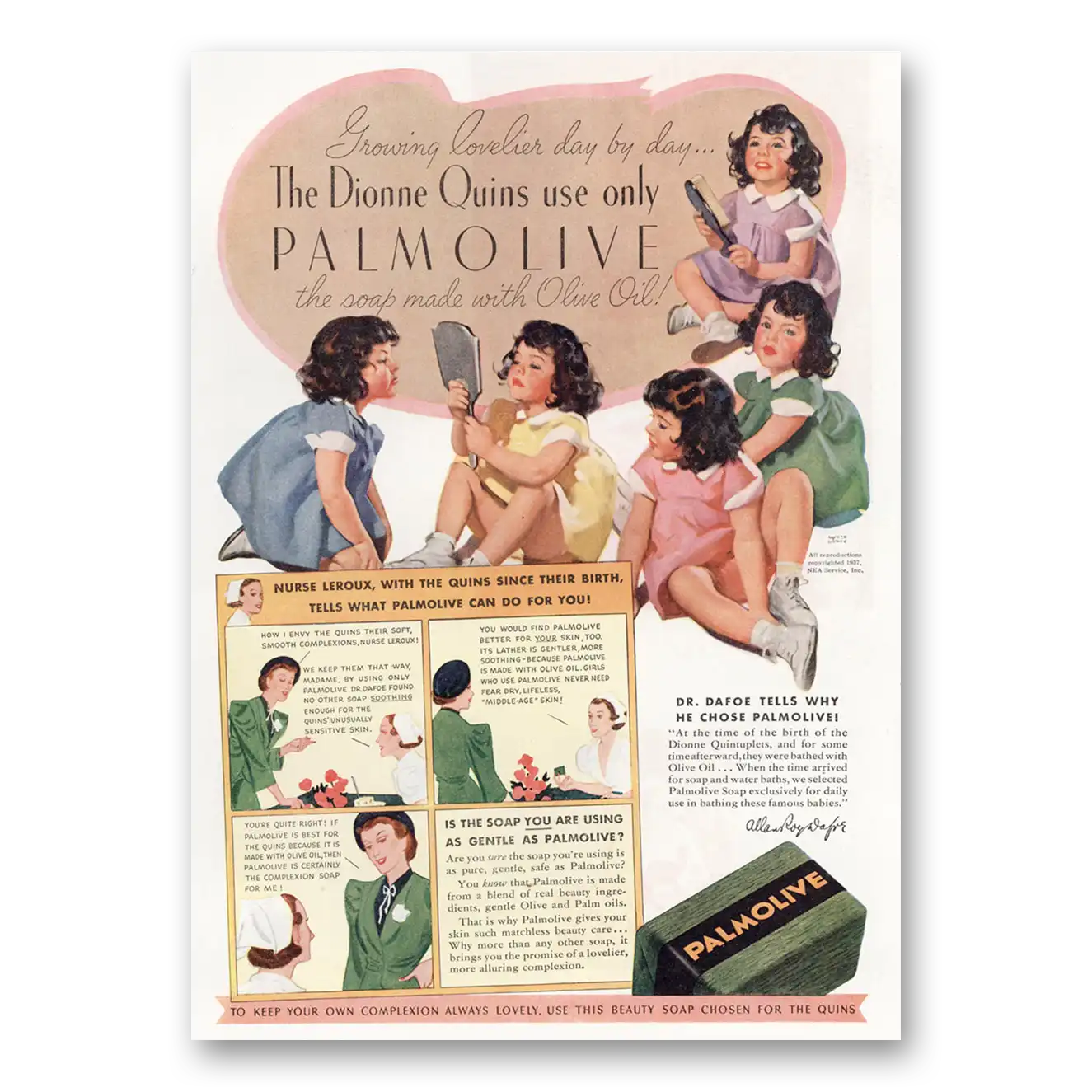 1937 Palmolive Soap Dionne Quins Vintage Magazine Print Ad