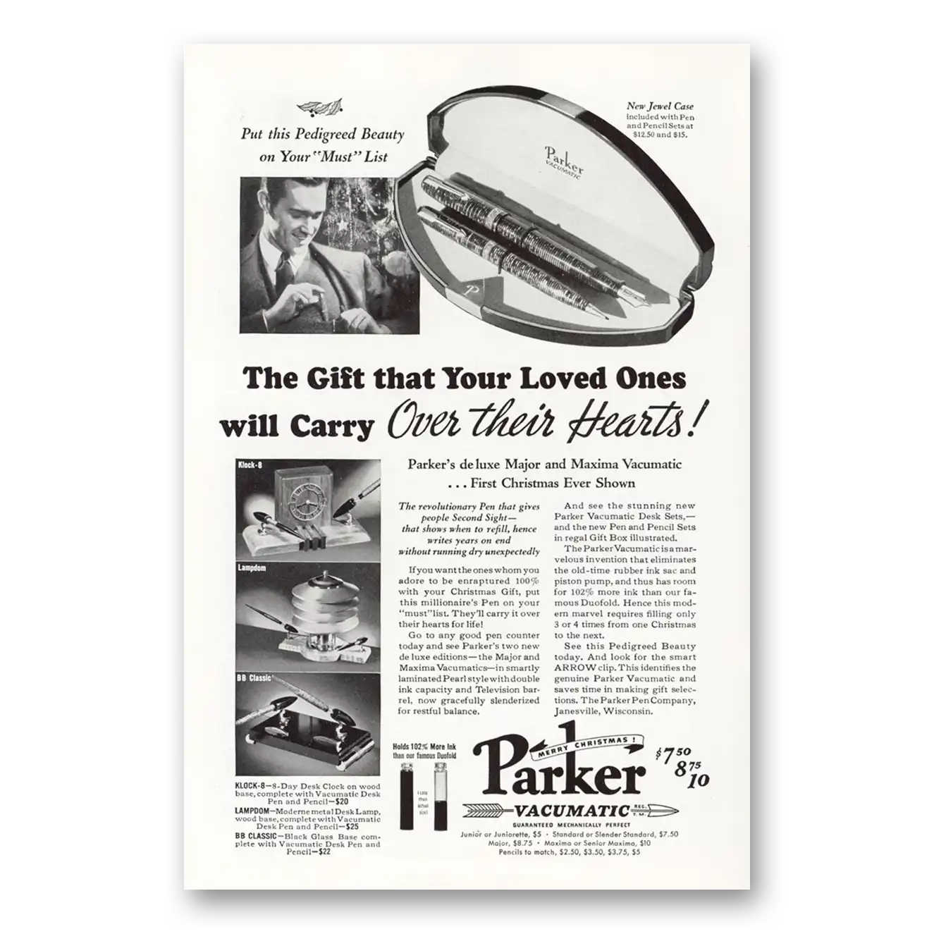 1937 Parker Vacumatic Pen Carry Over Their Hearts Vintage Magazine Print Ad