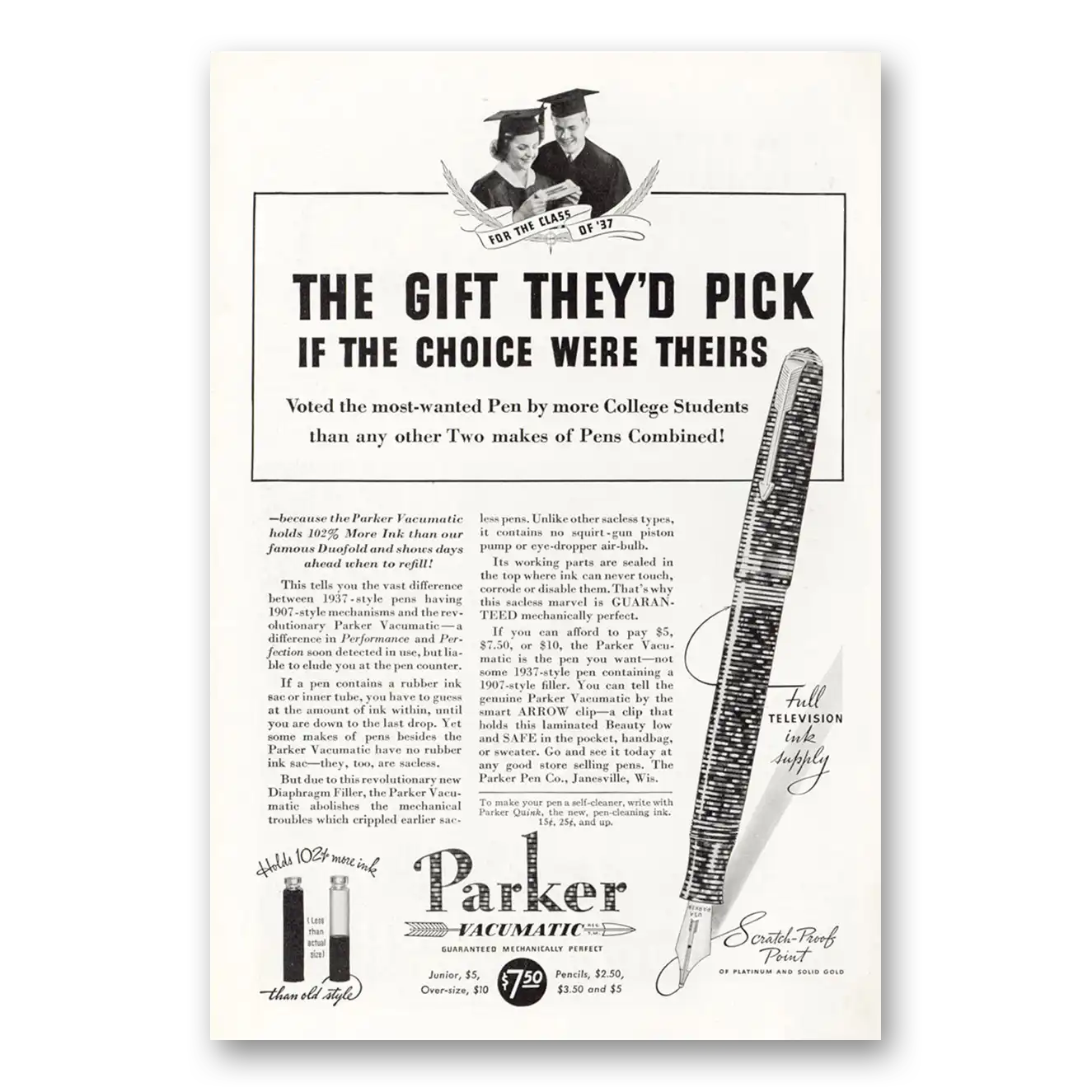 1937 Parker Vacumatic Pen Gift They'd Pick If the Choice Were Theirs Vintage Magazine Print Ad