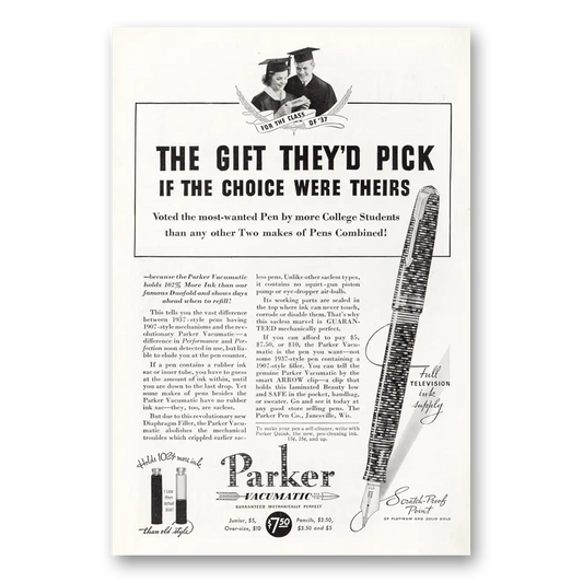 1937 Parker Vacumatic Pen Gift They'd Pick If the Choice Were Theirs Vintage Magazine Print Ad