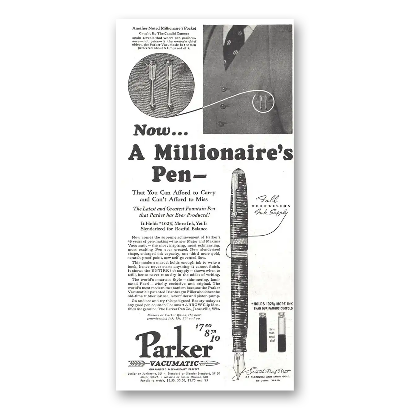 1937 Parker Vacumatic Pen Millionaires Pen Vintage Magazine Print Ad