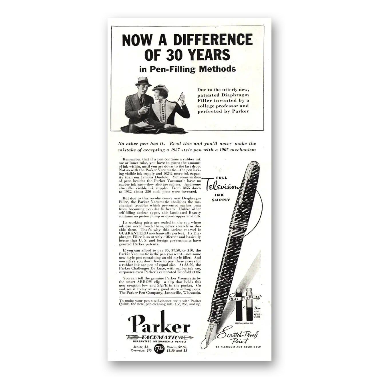 1937 Parker Vacumatic Pen Pen Filling Methods Vintage Magazine Print Ad