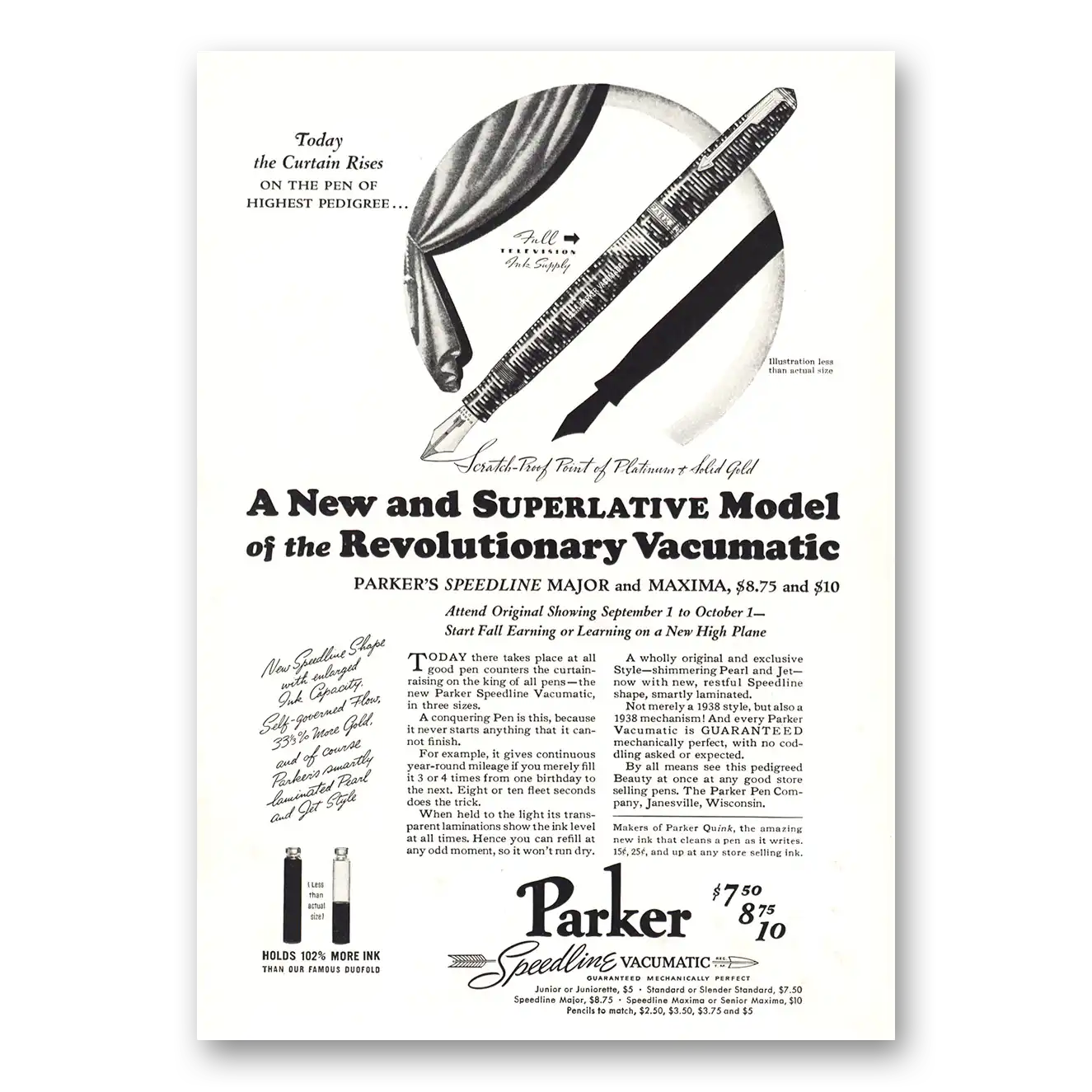 1937 Parker Speedline Vacumatic Pen Superlative Model Revolutionary Vintage Magazine Print Ad