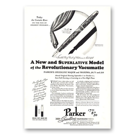 1937 Parker Speedline Vacumatic Pen Superlative Model Revolutionary Vintage Magazine Print Ad