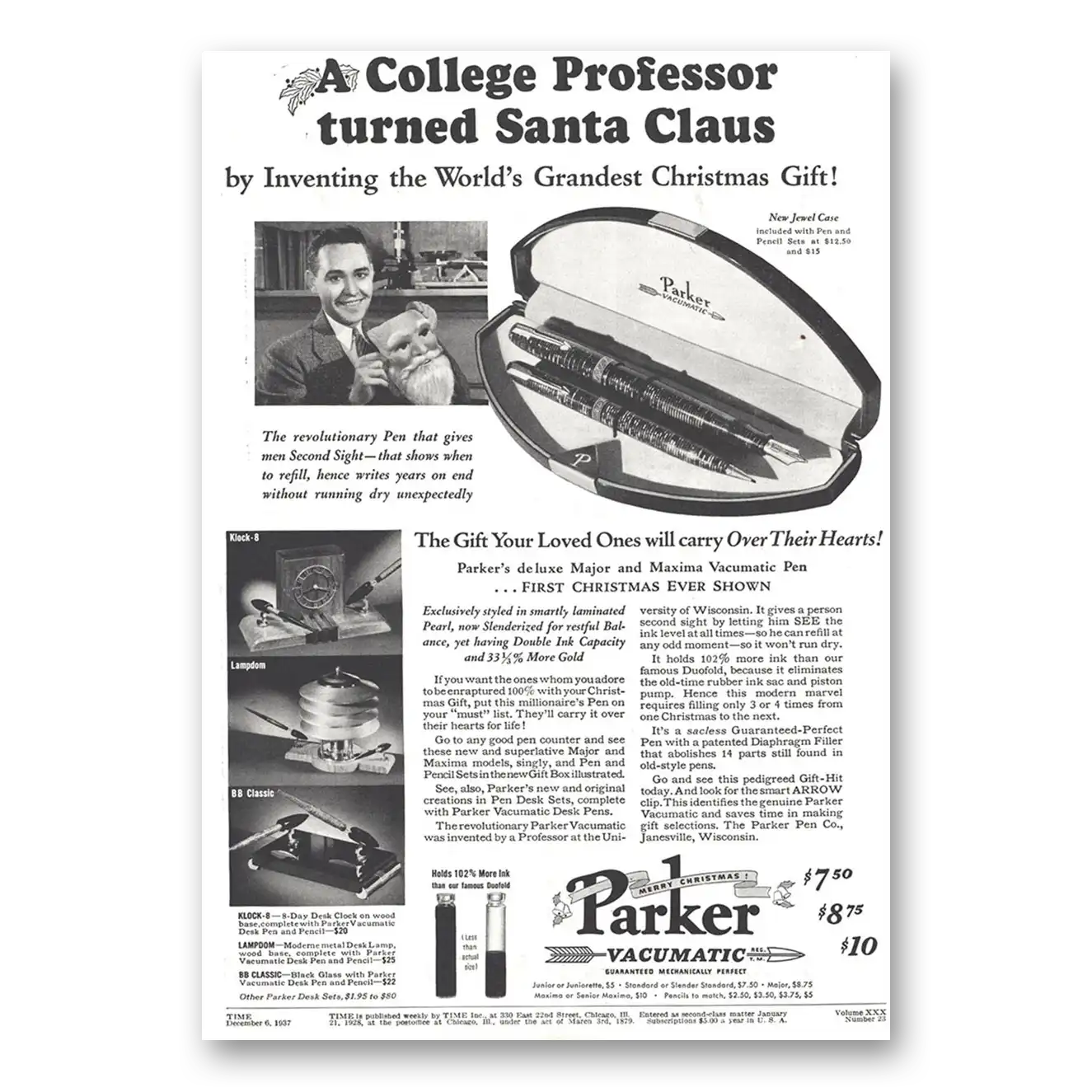 1937 Parker Vacumatic Pen College Professor Turned Santa Claus Vintage Magazine Print Ad