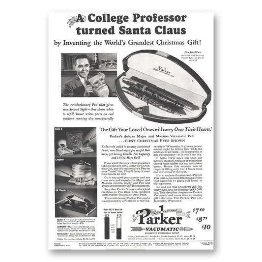 1937 Parker Vacumatic Pen College Professor Turned Santa Claus Vintage Magazine Print Ad