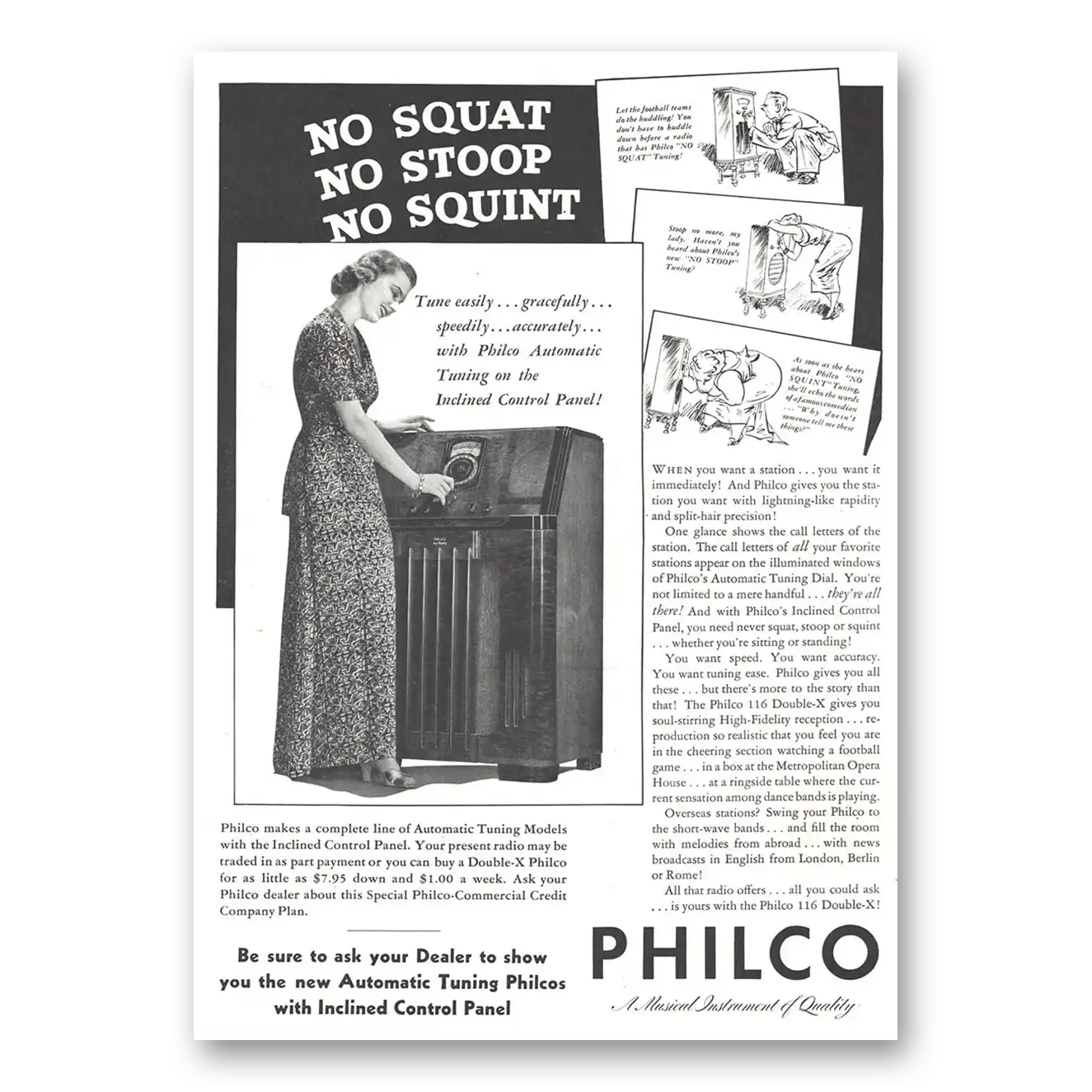 1937 Philco Radio No Squat No Stoop No Squint Vintage Magazine Print Ad