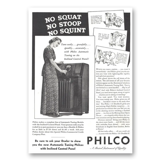 1937 Philco Radio No Squat No Stoop No Squint Vintage Magazine Print Ad