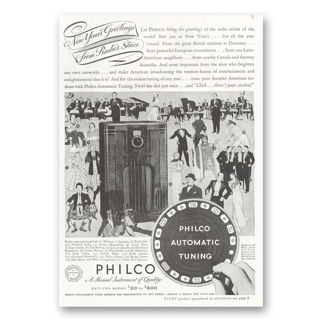 1937 Philco Radio New Years Automatic Tuning Vintage Magazine Print Ad