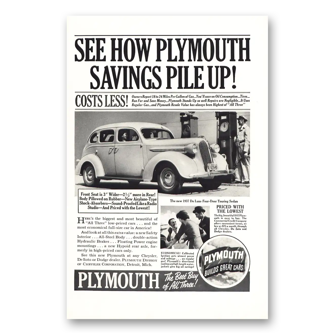 1937 Plymouth Touring Sedan Four Door Touring Sedan Savings Pile Up Vintage Magazine Print Ad