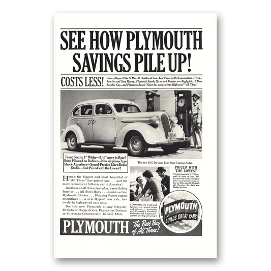 1937 Plymouth Touring Sedan Four Door Touring Sedan Savings Pile Up Vintage Magazine Print Ad