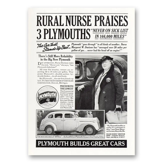 1937 Plymouth Touring Sedan De Luxe 4 Door Touring Sedan Rural Nurse Vintage Magazine Print Ad