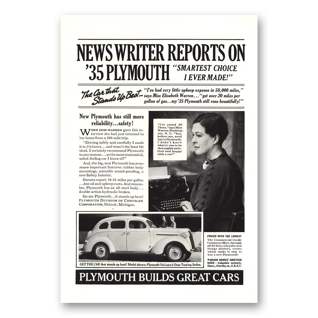 1937 Plymouth Touring Sedan News Writer Miss Warren Vintage Magazine Print Ad