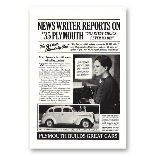 1937 Plymouth Touring Sedan News Writer Miss Warren Vintage Magazine Print Ad