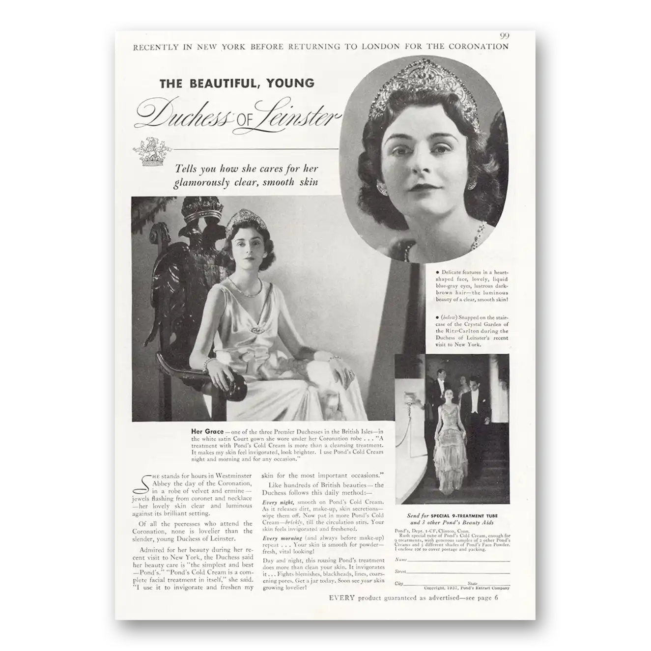 1937 Ponds Cold Cream Duchess of Leinster Vintage Magazine Print Ad