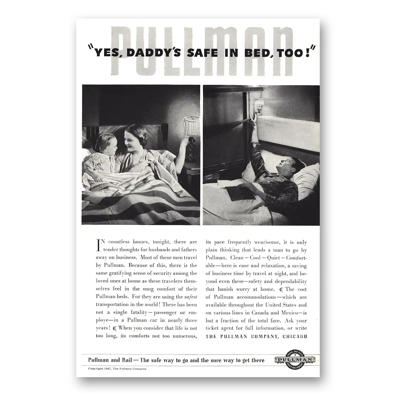 1937 Pullman Daddys Safe in Bed Too Vintage Magazine Print Ad