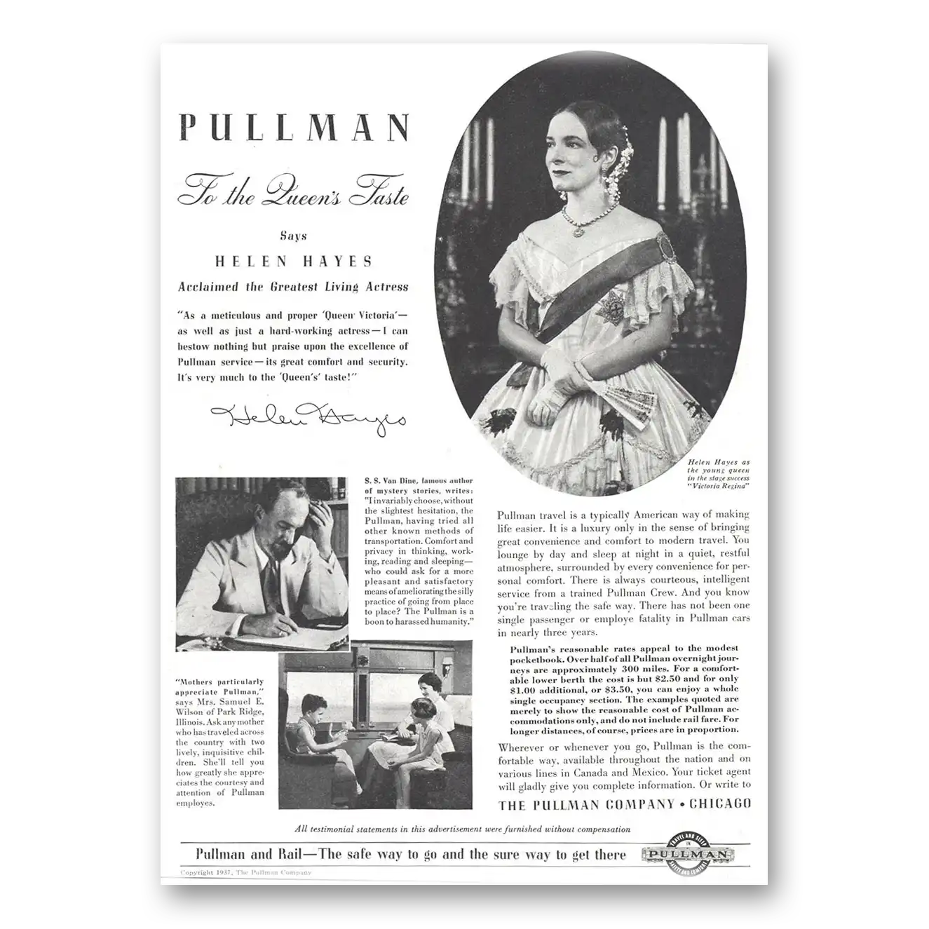 1937 Pullman To the Queens Taste Helen Hayes Vintage Magazine Print Ad