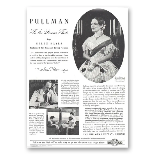 1937 Pullman To the Queens Taste Helen Hayes Vintage Magazine Print Ad