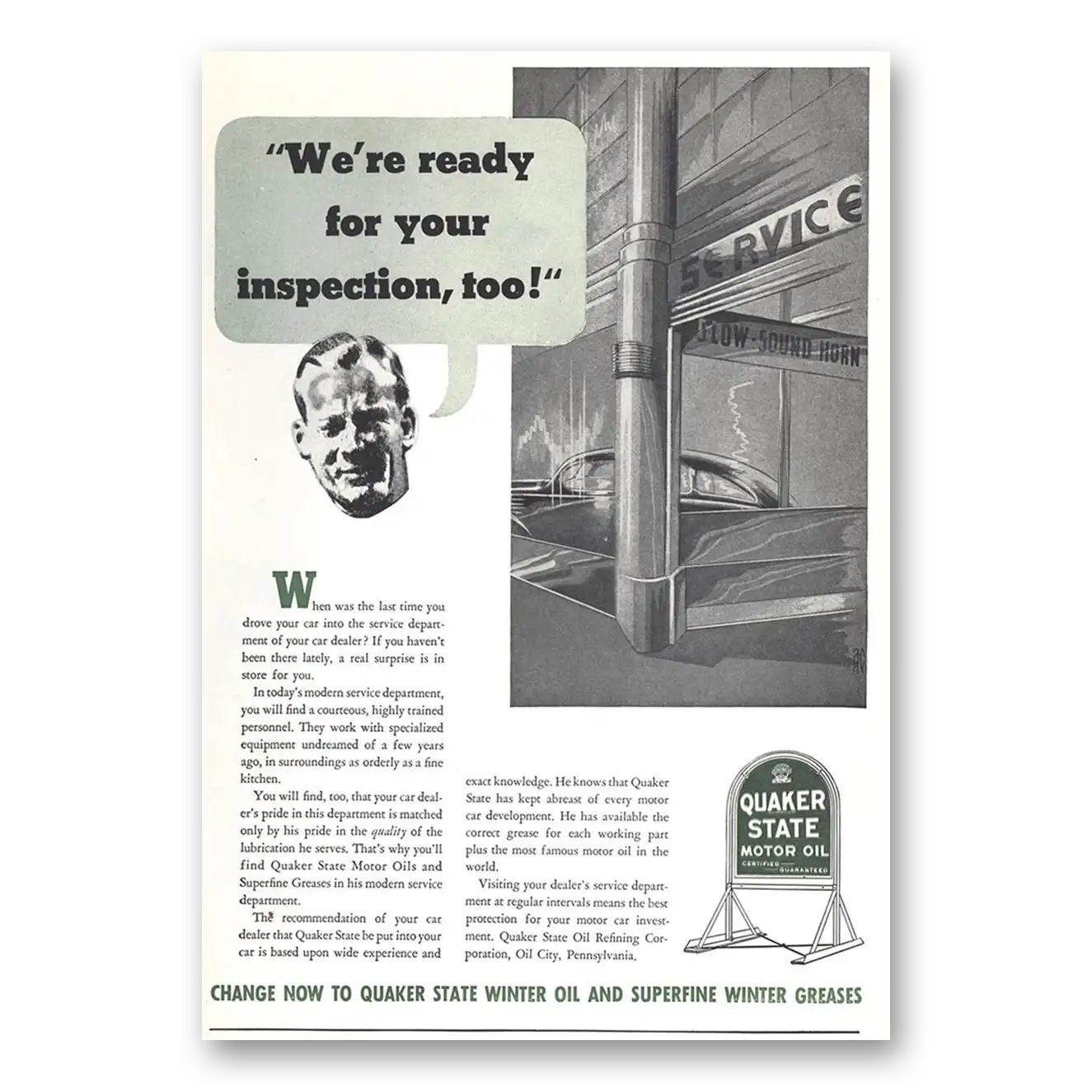 1937 Quaker State Motor Oil Ready for Your Inspection Vintage Magazine Print Ad