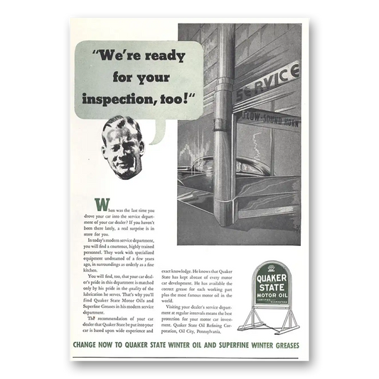 1937 Quaker State Motor Oil Ready for Your Inspection Vintage Magazine Print Ad