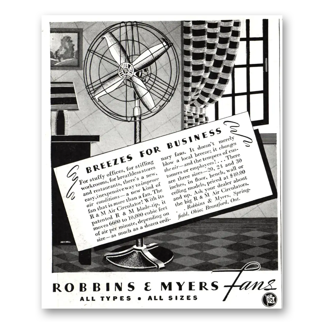 1937 Robbins & Myers Fans Breezes for Business Vintage Magazine Print Ad