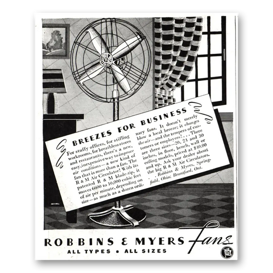 1937 Robbins & Myers Fans Breezes for Business Vintage Magazine Print Ad