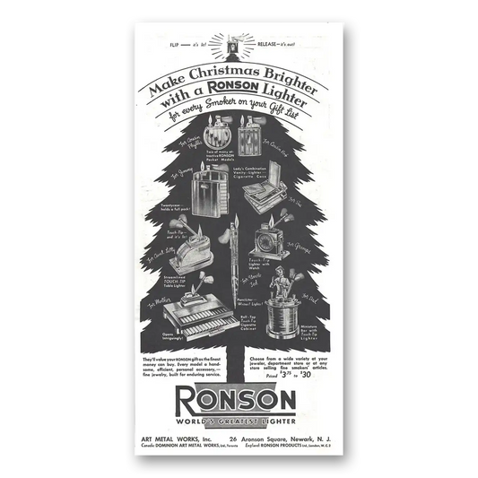 1937 Ronson Lighters Make Christmas Brighter Vintage Magazine Print Ad