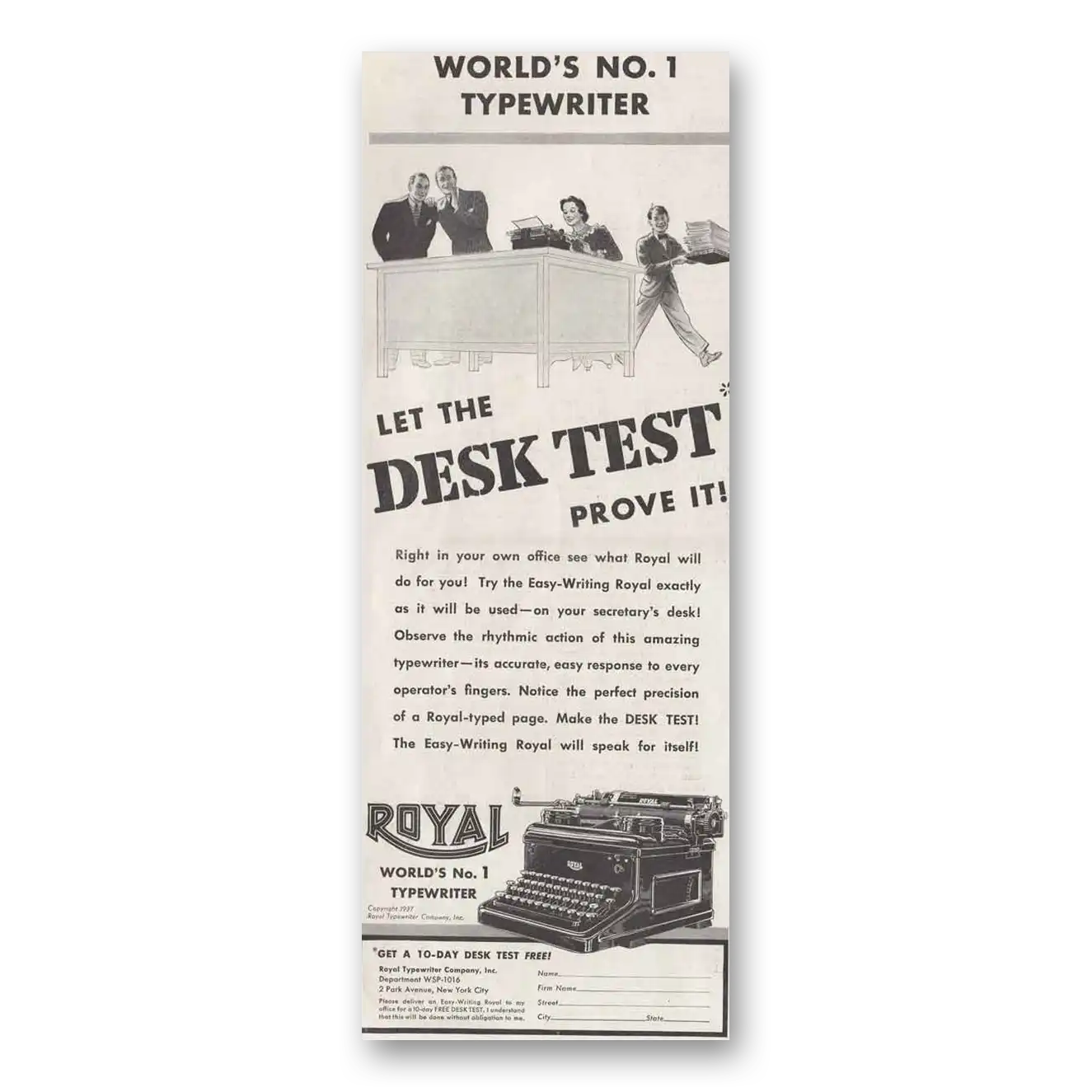 1937 Royal Typewriter Desk Test Vintage Magazine Print Ad