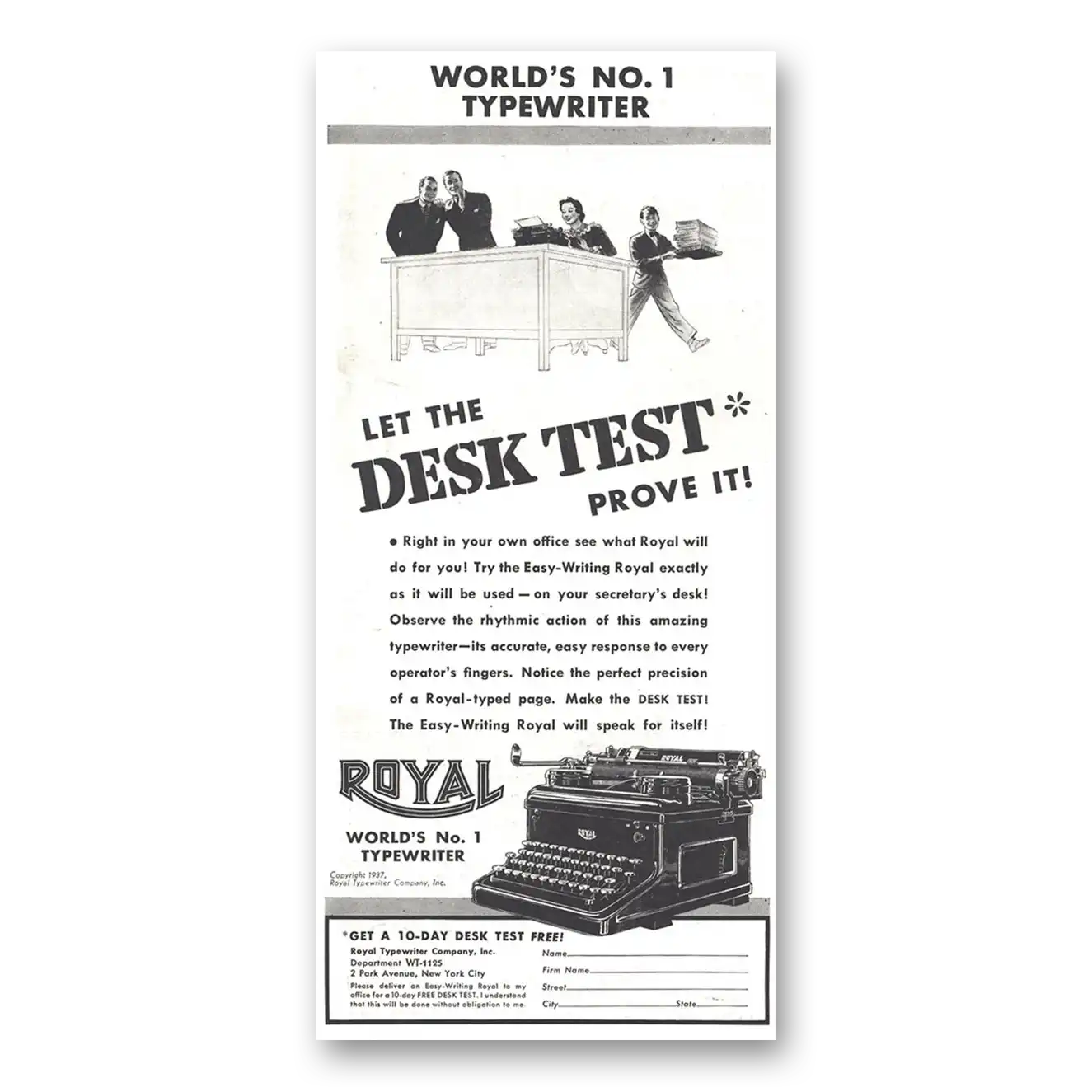 1937 Royal Typewriter Let the Desk Test Prove It Vintage Magazine Print Ad