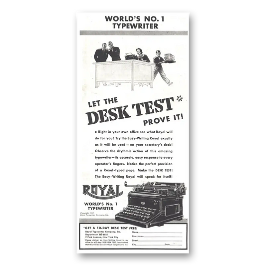 1937 Royal Typewriter Let the Desk Test Prove It Vintage Magazine Print Ad