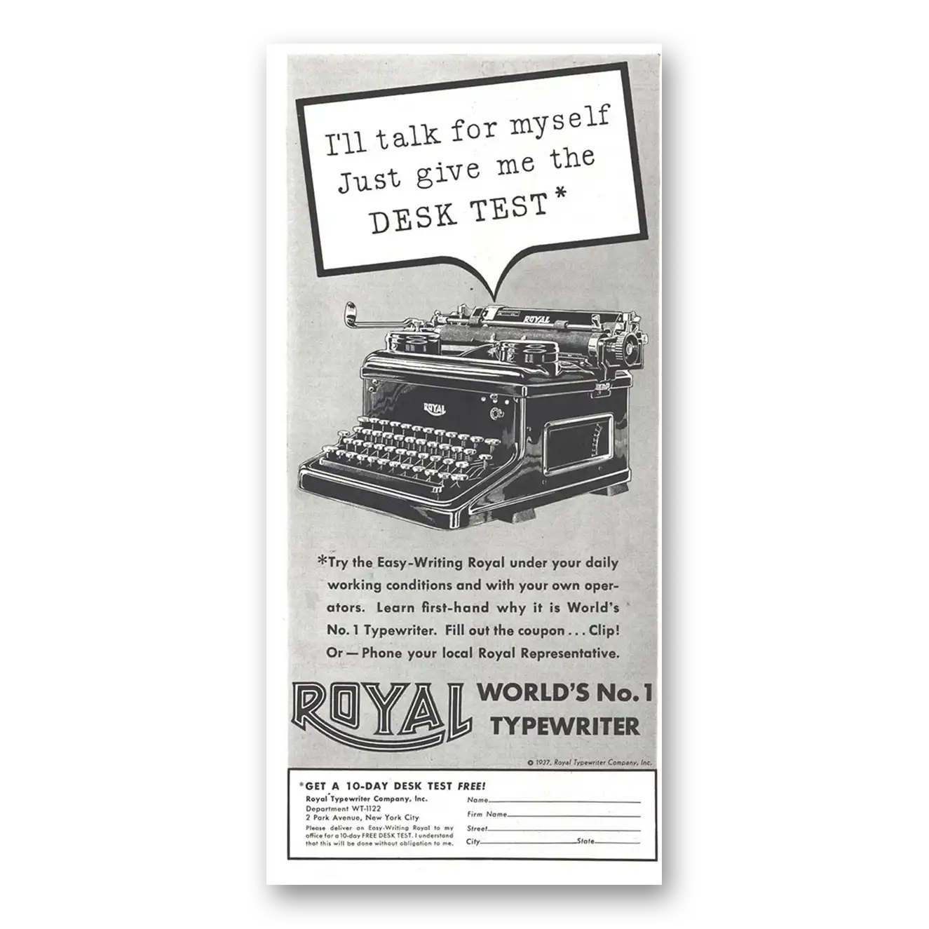 1937 Royal Typewriter Just Give Me the Desk Test Vintage Magazine Print Ad