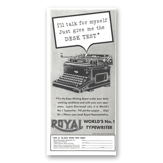 1937 Royal Typewriter Just Give Me the Desk Test Vintage Magazine Print Ad