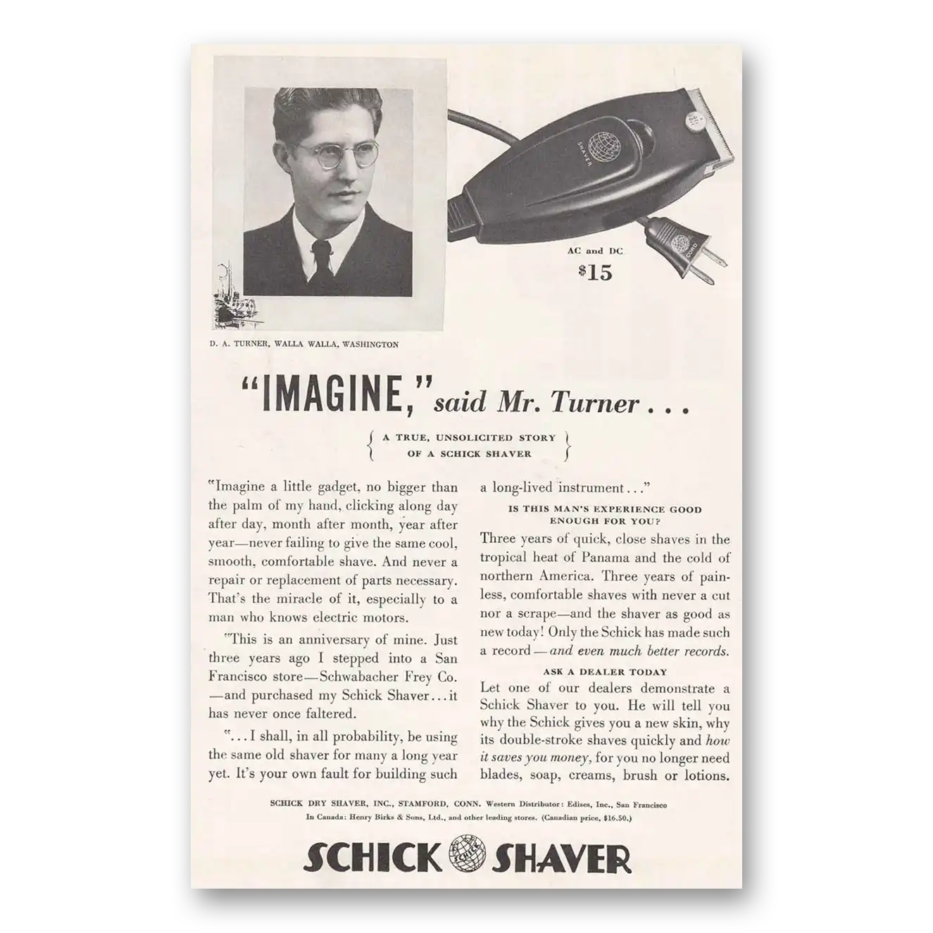 1937 Schick Shaver Imagine Mr Turner Vintage Magazine Print Ad