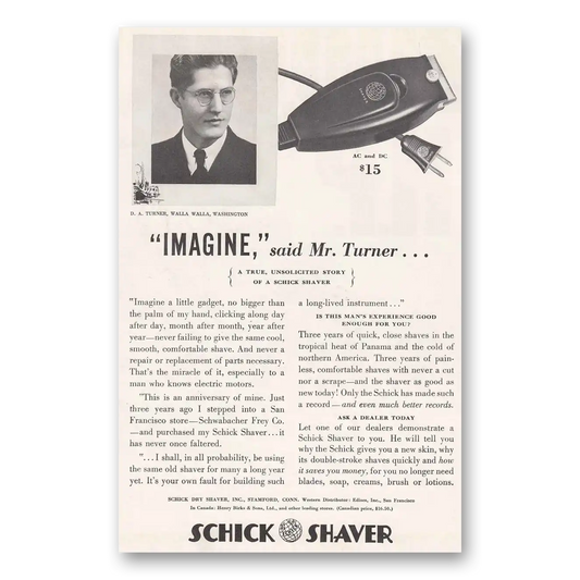 1937 Schick Shaver Imagine Mr Turner Vintage Magazine Print Ad