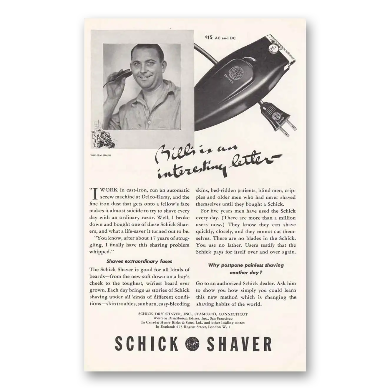 1937 Schick Shaver William Baum Vintage Magazine Print Ad