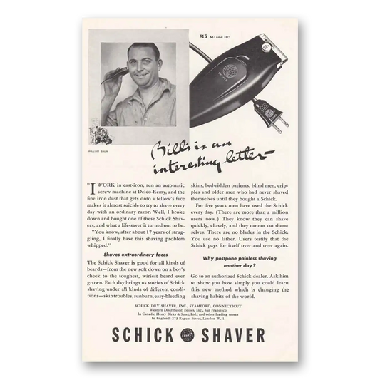 1937 Schick Shaver William Baum Vintage Magazine Print Ad