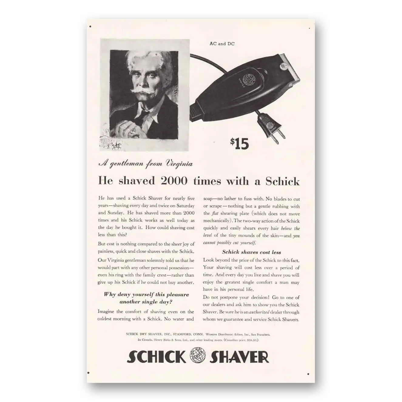 1937 Schick Shaver Gentleman from Virginia He Shaved 200 Vintage Magazine Print Ad